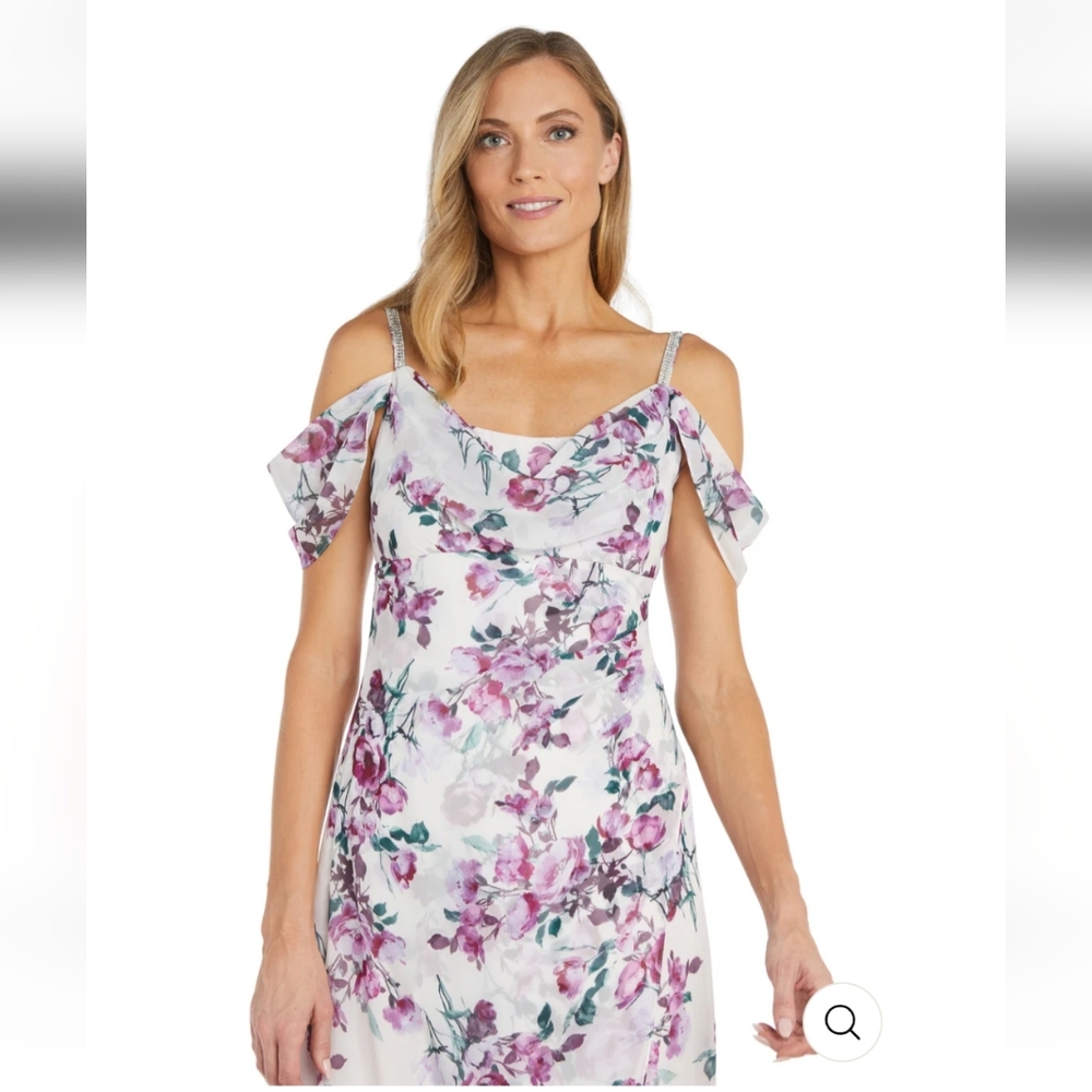 R&M Richards Rhinestone Off the Shoulder Floral Dress. White/ Purple/Green. 16 - Picture 2 of 16